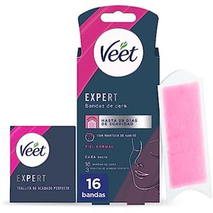 Veet Expert Fasce di cera fredda depilatoria per la depilazione del viso, adatto per labbro superiore (Bigotte), con burro di karitè, 16 strisce