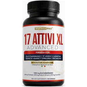 NUTREA PRO 17 Attivi XL - Glucomannano Tè Verde Carnitina Bromelina 120cps NUTREAPRO® | 17 ATTIVI Advance: 1000mg di Glucomannano, 600mg di Tè Verde, L-Carnitina, Caffè Verde, Arancio Amaro, Bromelina, Spirulina