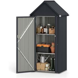 COSTWAY Armadio da Esterno in Metallo Zincato 85x65,5x176 cm, Grigio Scuro | Casetta Porta Attrezzi da Esterno con 3 Ripiani Regolabili, Tetto Spiovente e Porta con Serratura, per Cortile e Patio