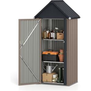COSTWAY Armadio da Esterno in Metallo Zincato 85x65,5x176 cm, Grigio Chiaro | Casetta Porta Attrezzi da Esterno con 3 Ripiani Regolabili, Tetto Spiovente e Porta con Serratura, per Cortile e Patio