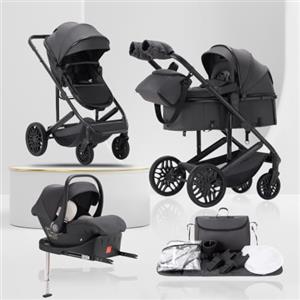 Lnhcrbs Passeggino 3 in 1 518-M, Passeggino Trio,con base ISOFIX,Grigio | Passeggino da Viaggio con Piegamento a Una Mano e Pulsante per il Collasso della Seduta,Ruote Grandi in PU con Sospensioni