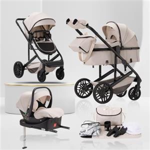 Lnhcrbs Passeggino 3 in 1 518-M, Passeggino Trio,con base ISOFIX,Beige | Passeggino da Viaggio con Piegamento a Una Mano e Pulsante per il Collasso della Seduta,Ruote Grandi in PU con Sospensioni