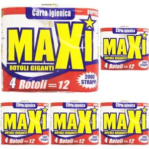 Maxi - Carta Igienica, Pura Ovatta di Cellulosa, 2 Veli - 4 rotoli (Confezione da 5)