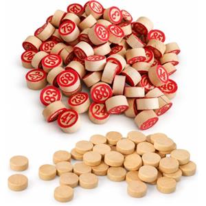 topolenashop Set Tombola in Legno - 90 Numeri da 1 a 90 + 90 Coprinumeri, Pedine in Legno Naturale con Numerazione Rossa per Tombolata, Natale, Feste, Famiglia e Gioco Tradizionale | 53689/53688