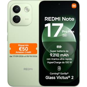 XIAOMI REDMI Note 17 Pro Max 5G, Smartphone 8+512GB, Green, Batteria 9210mAh | Snapdragon® 6 Gen 5, Fotocamera OIS 50MP, HyperCharge 100W, Resistenza IP66/IP68, Flagship Display, Xiaomi HyperAI
