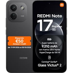 XIAOMI REDMI Note 17 Pro Max 5G, Smartphone 8+512GB, Black, Batteria 9210mAh | Snapdragon® 6 Gen 5, Fotocamera OIS 50MP, HyperCharge 100W, Resistenza IP66/IP68, Flagship Display, Xiaomi HyperAI