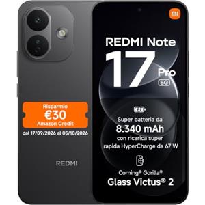 XIAOMI REDMI Note 17 Pro 5G, Smartphone 12+256GB, Black, Batteria da 8340 mAh | Fotocamera OIS 50MP, HyperCharge 67W, Snapdragon®6s Gen4, Display Flagship Alta Luminosità 3500nit, Protezione Occhi, HyperAI