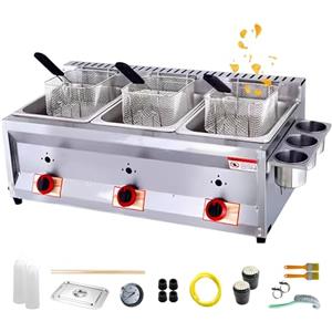 SGTEOBG Friggitrice commerciale a gas GPL, doppio serbatoio, con cestello da 10 l x 2/3 e coperchio, in acciaio inox, grande capacità, propano GPL, con tubo in metallo, per patatine fritte, casa, cucina,