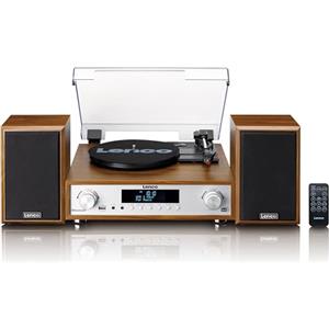 Lenco MC-160WD Impianto stereo con giradischi - Radio DAB+/FM, Bluetooth 5.0, codifica MP3 diretta da vinile su USB, trazione a cinghia, 3 velocità, altoparlanti in legno 2x10W, telecomando