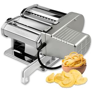 Reber Macchina per la Pasta Fresca Elettrica e Manuale 60 W, 2 Velocità | 9 Livelli di Spessore, Rulli da 150 mm, Sfogliatrice e Taglio Doppio 1,5 + 6,6 mm - PastaReber Kit Elettrico Silver