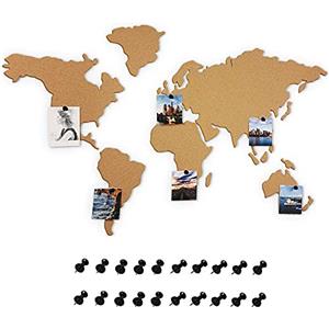 Bakaji Bacheca Puzzle Mappamondo Globo in Sughero Adesivo da Parete con 20 Puntine Segna Paese Viaggio Cartina Geografica Decorazione Casa da Muro Dimensione 150 x 80 cm Design moderno