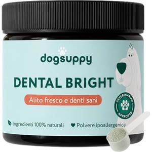 DogSuppy Dental Bright Polvere Denti Cane, Alito Fresco, Rimuovi Placca e Tartaro | 100% Naturale, Igiene Orale in 10 secondi Senza Spazzolino, Formila 3-in-1, Alga bruna, Rosmarino e Complexo di Probiotici