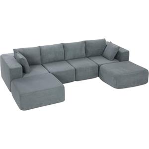 HOMCOM Divano Angolare Modulare 4 Posti Senza Struttura Grigio Scuro | , Seduta Ampia Profonda, Divano Modulare Componibile a U con 2 Pouf, Braccioli Larghi, Cuscini, Velluto, 294x165x70 cm