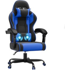 JUMMICO Sedia da Gaming Massaggiante, Cuscino Lombare & Poggiatesta, Ergonomica Sedia da Ufficio, Schienale Regolabile 90-135°, Portata 150 kg,Blu