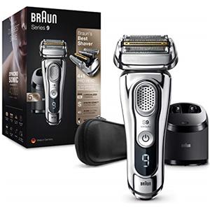 Braun Series 9 9395cc Rasoio Elettrico da Uomo, Stazione di Pulizia e Ricarica Migliorata, Custodia in Pelle, Rasoio Elettrico Wet & Dry, Rifinitore di Precisione, Cromato