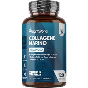WeightWorld Collagene Marino Avanzato con Acido Ialuronico, Tipo I e III, Peptidi | Collagene Idrolizzato con Vitamina C, Coenzima Q10, Zinco, Senza Magnesio Stearato né Glutine, Collagen da 1200mg, Senza OGM