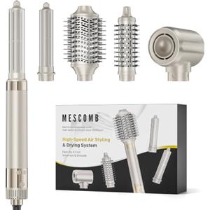 MESCOMB Air Styler 5 in 1, Arricciacapelli Automatico e Asciugacapelli Ionico 1300W, 110.000 RPM, Styler Capelli ad Aria con Spazzola Lisciante e Spazzola Volumizzante, Anti-Crespo