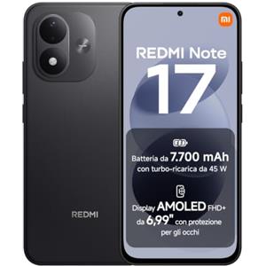 XIAOMI REDMI Note 17, Smartphone 4+128GB, Black, Batteria da 7700 mAh | Fotocamera 50MP, Ricarica Turbo 45W, Display AMOLED FHD+ 6,99", Xiaomi HyperOS 3+Google Gemini, Resistenza Polvere&Acqua IP65