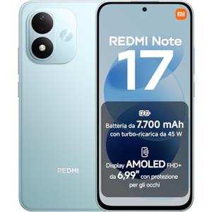 Xiaomi REDMI Note 17, Smartphone 6+256GB, Sky Teal, Batteria da 7700 mAh | Fotocamera 50MP, Ricarica Turbo 45W, Display AMOLED FHD+ 6,99", Xiaomi HyperOS 3+Google Gemini, Resistenza Polvere&Acqua IP65
