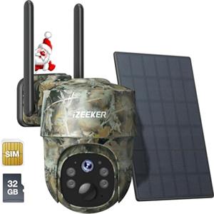 iZEEKER 4G LTE Fototrappola Solare, Fotocamera Caccia PTZ 2K con Scheda SD & SIM Visualizzazione Completa a 360°, Streaming Live, No Glow IR, Visione Notturna Motion Attivato IP65 Impermeabile