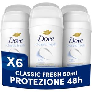 Dove Deodorante Stick, Classic Care, Deodorante Antitraspirante in Stick, Protezione Fino a 48 Ore, con 1/4 di Crema Idratante, Formula Delicata, Deodorante Uomo e Donna, 6 Pezzi da 50 ml