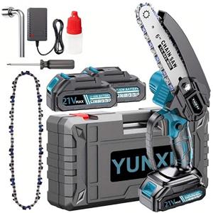 Generisch Motosega elettrica senza fili con batteria ricaricabile e funzione di taglio di sicurezza. (2 batterie + scatola di plastica + accessori di lusso)