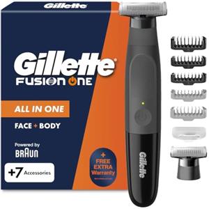 Gillette Fusion One Rasoio Elettrico Uomo Barba e Corpo, 7 Accessori, Nero | 3 Pettini Barba, 1 Pettine Corpo, Testina Oscillante, Lama Ricambio, Rasoio Corpo, Impermeabile, Senza Fili, 45 Min Autonomia