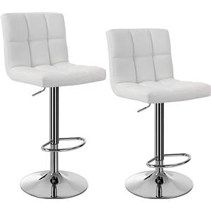 SONGMICS Set di 2 sgabelli da bar SONGMICS, sgabelli da bar regolabili in altezza con rivestimento in PU, sedia girevole a 360°, sedie da cucina con schienale e poggiapiedi, ingresso, bancone, acciaio cromato, bianco LJB64W