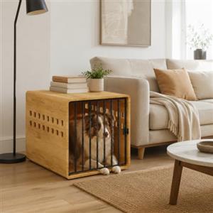 PREMTURE Cuccia per cani in legno con porta in metallo, 80 x 60 x 61,5 cm | Robusta struttura in legno, porta in metallo sicura, per interni, utilizzabile come tavolino d'appoggio