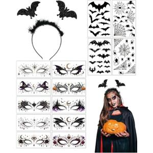 YIPFEN Cerchietto Halloween Donna - Accessori Halloween Donna con Rose, Tatuaggi per il Viso e Adesivi con Diamanti, Costume da Pipistrello per Carnevale e Cosplay