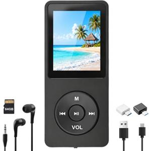 Nimbust 64 GB Lettore MP3 Bluetooth,Lettore MP3 Musica senza perdita Hi-FI Piccolo, Bluetooth 5.3 Riproduzione,Altoparlante HD integrato,Adulto Super Screen Colore Leggero da 1,8, Nero, con cuffie, e-Book