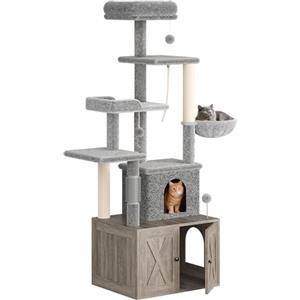 Garvee Mobile Copri Lettiera per Gatti 3-in-1 - Tiragraffi Multilivello con Amaca, Piattaforme e Condominio Ampio - Design Moderno per Interni - Ideale per Gatti Grandi - Colore Smoke Gray