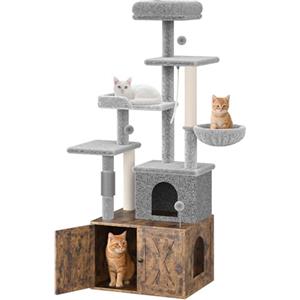 Garvee Mobile Copri Lettiera per Gatti 3-in-1 - Tiragraffi Multilivello con Amaca, Ripiani e Grandezza Condominio - Design Moderno per Interni - Adatto a Gatti Grandi - Marrone Retrò