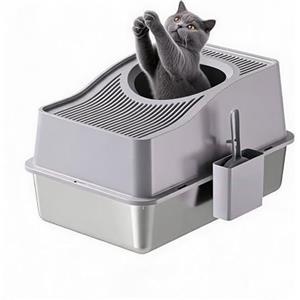 Garvee Lettiera Gatto in Acciaio Inox Chiusa, Toilette per Gatti Antiodore Grande con Coperchio e Pedana Filtra-Sabbia, con Bordo Alto 15cm e Paletta, Facile da Pulire, 60x40x34,5cm, Grigio