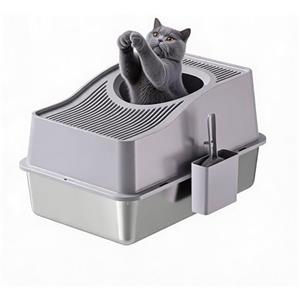 Garvee Lettiera Gatto in Acciaio Inox Chiusa, Toilette per Gatti Grande con Coperchio e Pedana, Antiodore e Facile da Pulire, Include Paletta e Tappetino, 60x40x39,5cm, Grigio