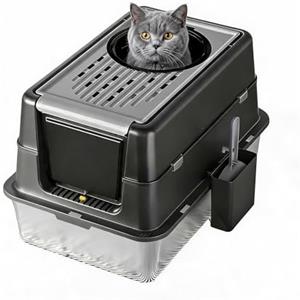 Garvee Lettiera per Gatti XL in Acciaio Inox - Coperchio Ribaltabile 180° - Antiaderente, Bordo Alto, Controllo Odori - Facile da Pulire, Paletta Inclusa - Deep Black, 60x40x43.5cm, Nero Profondo