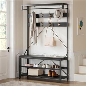 Garvee Appendiabiti da Terra con Scarpiera 3-in-1, Mobile Ingresso con Panca e Asta Appendiabiti, Attaccapanni Industriale con 8 Ganci, Struttura in Metallo, 101,5x40x182,8 cm, Nero