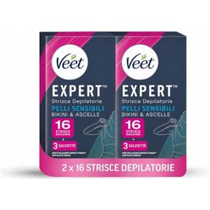 Veet Expert Strisce Depilatorie Ascelle e Zona Bikini, Ceretta per Pelli Sensibili con Olio di Mandorla, Dermatologicamente Testate, 2 Confezioni da 8x2 Strisce + 6 Salviette Post-Epilazione