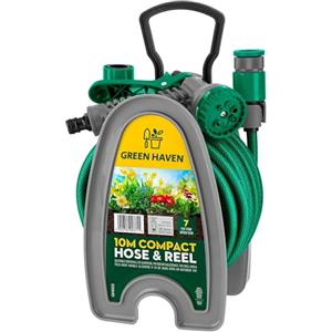 CUQOO Bobina per Tubo da Giardino Green Haven - Tubo Flessibile da 10m / 32ft Leggero e Compatto con Pistola a Spruzzo a 7 Modelli, Mini Avvolgitubo Facile da Usare per Piccoli Giardini, Balconi e Pulizia