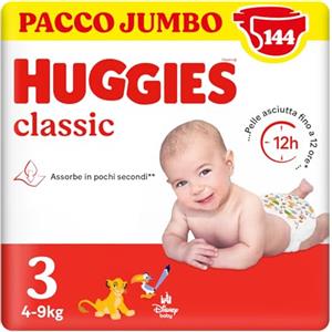 Huggies Classic, Pannolini Taglia 3 (4-8Kg), Protezione completa, Pacco Jumbo, 144 Pz