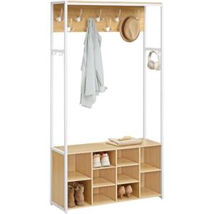 VASAGLE Appendiabiti Ingresso con Panca Scarpiera, Scomparti Aperti, Ganci | Mobile Ingresso da Terra, Ripiani Regolabili, Rovere Dorato e Bianco Opaco, Collezione BARNET HSR432YA01