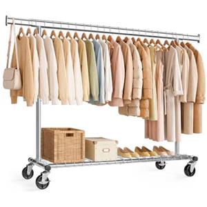 SONGMICS Appendiabiti da Terra con Ruote, Estensibile, 180 kg | Appendiabiti con Scarpiera, Acciaio, (160-200) x 45 x 161,5 cm, Camera da Letto, Argento, Collezione Pataye HSR178E101