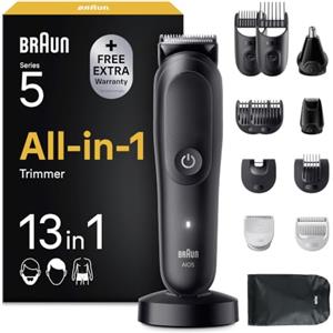 Braun Rifinitore All-in-One Serie 5 Rasoio Elettrico,Accessori AIO5565 Nero | Rasoio Elettrico Corpo Uomo Barba e Capelli 13in1, Regolabarba Impermeabile, Skinguard, Ricaricabile, 120 Min di Utilizzo