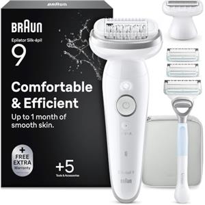 Braun Silk-Épil 9 Epilatore Elettrico Donna, Accessori, 9-130 Bianco | Depilatore Corpo Donna Impermeabile con Custodia e Cappuccio Regolatore, Rasoio Gillette Venus, 3 Lamette