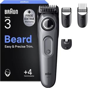 Braun Serie 3 Regolabarba Uomo, 4 Accessori, Custodia, BT3525, Grigio | Rasoio Elettrico Barba con Lama Ultra Affilata, 4 Strumenti di Styling, 40 Lunghezze, Ricaricabile