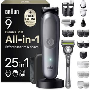 Braun Rasoio Elettrico Barba e Capelli Serie 9, Accessori AIO9565 Grigio | Rifinitore All-in-One 25in1, Rasoio Elettrico Corpo Uomo, Modalità Bodygentle, Peli Naso, Impermeabile Ricaricabile