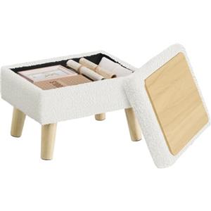 SONGMICS Pouf Contenitore, Poggiapiedi in Tessuto Teddy, 40 x 30 x 29 cm | Sgabello e Tavolino con Coperchio Ribaltabile, Gambe in Legno, per Soggiorno, Bianco, Collezione MACEO LOM518WD01