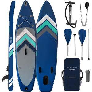 Alpidex Set per Stand Up Paddle ALPIDEX, modello SUP, dimensioni 305 x 76 x 15 cm, capacità di carico fino a 150 kg. Gonfiabile, stabile, leggero. Set completo con borsa, pagaia, pinne, pompa ad aria, leash e kit di riparazione. Colore: blu