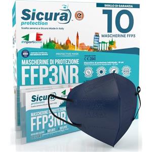SICURA MASCHERINE CHIRURGICHE 10 Mascherine FFP3 Made in Italy Certificate CE SICURA Blu Elastici Neri | PFE ≥99% | BFE ≥99% SANIFICATA e sigillata singolarmente