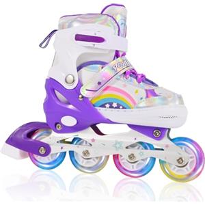 LOKJIJI Pattini in linea regolabili per bambini ragazze ragazzi principianti, Pattini a rotelle per bambino e adolescente per lo sport Viola Arcobaleno